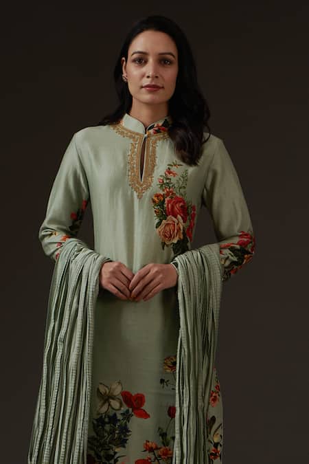 Buy_Balance By Rohit Bal_Green Chanderi, Cotton Embroidery Mandarin Collar, Keyhole Printed And Kurta Set _Online_at_Aza_Fashions
