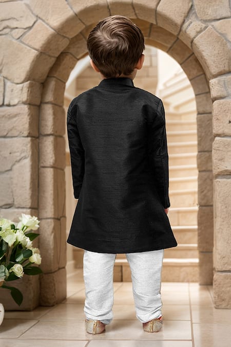 Shop Petite Pomme Black Silk, Cotton Embroidery Bird Sherwani And Churidar at Aza Fashions Shop_Petite Pomme_Black Silk, Cotton Embroidery Bird Sherwani And Churidar _at_Aza_Fashions