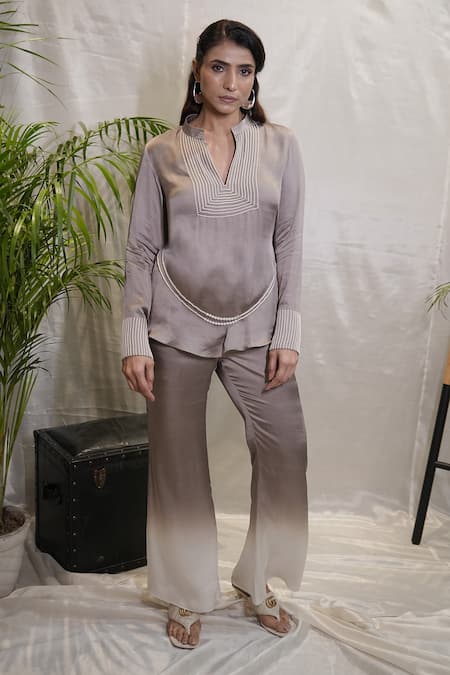Vedangi Agarwal Silver Dusk Ombre Satin Top & Pant Set 