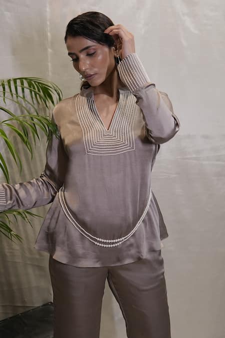 Shop_Vedangi Agarwal_Gray Satin Embroidery Split V-neck Silver Dusk Ombre Top And Pant Set _Online_at_Aza_Fashions