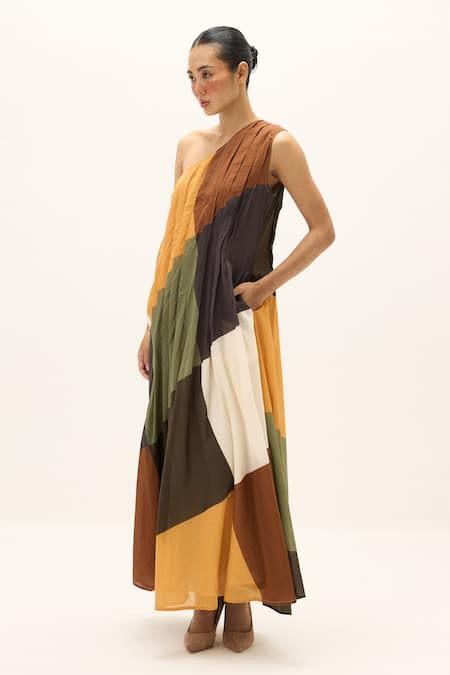 Kharakapas Multi Color Cotton One Shoulder Earthsong Colorblock Dress Online at Aza Fashions Kharakapas_Multi Color Cotton One Shoulder Earthsong Colorblock Dress _Online_at_Aza_Fashions