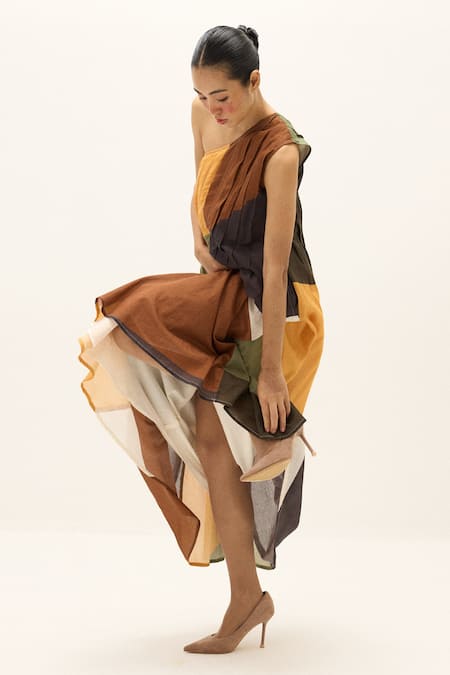 Buy Kharakapas Multi Color Cotton One Shoulder Earthsong Colorblock Dress Online at Aza Fashions Buy_Kharakapas_Multi Color Cotton One Shoulder Earthsong Colorblock Dress _Online_at_Aza_Fashions