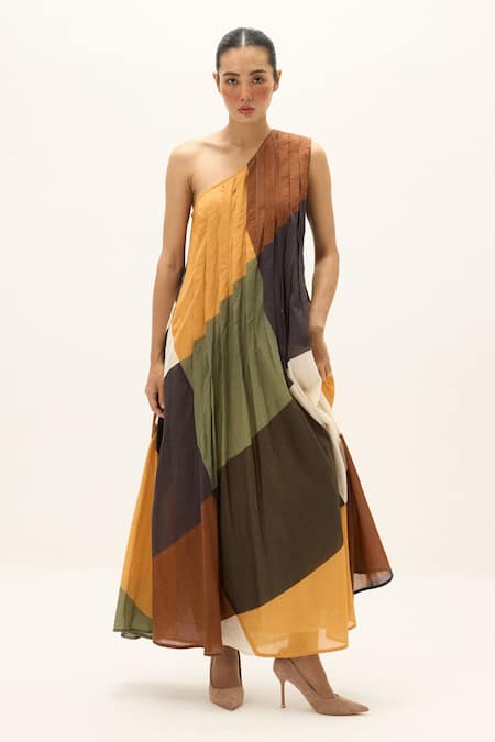 Shop Kharakapas Multi Color Cotton One Shoulder Earthsong Colorblock Dress Online at Aza Fashions Shop_Kharakapas_Multi Color Cotton One Shoulder Earthsong Colorblock Dress _Online_at_Aza_Fashions