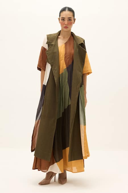 Kharakapas_Green Cotton Autumn Veil Trench Coat _Online_at_Aza_Fashions