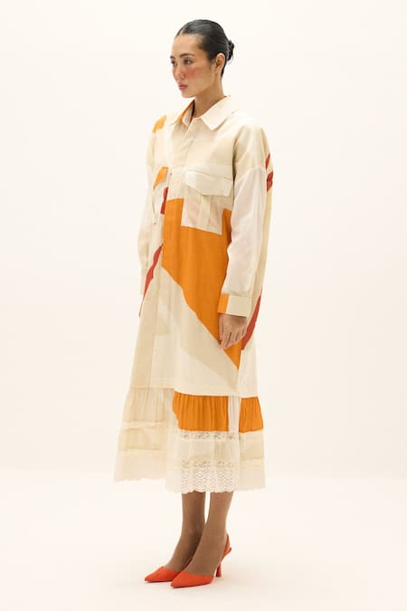 Shop_Kharakapas_Off White Cotton Lace Collared, Button-down Neck Ivory Armor Printed Dress _Online_at_Aza_Fashions