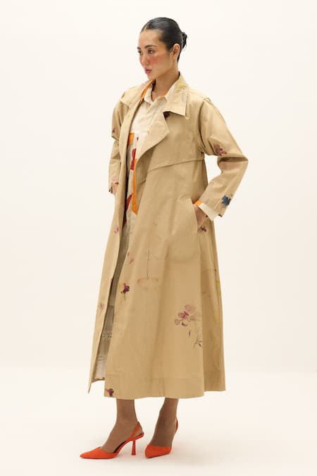 Buy_Kharakapas_Beige Cotton Ochre Trench Coat _Online_at_Aza_Fashions