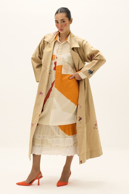 Kharakapas_Beige Cotton Ochre Trench Coat _at_Aza_Fashions