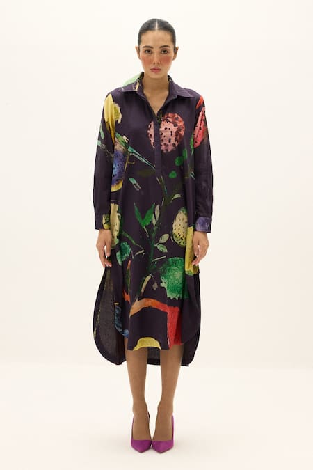 Kharakapas_Purple Cotton Collared Plateau Printed Shirt Dress _Online_at_Aza_Fashions
