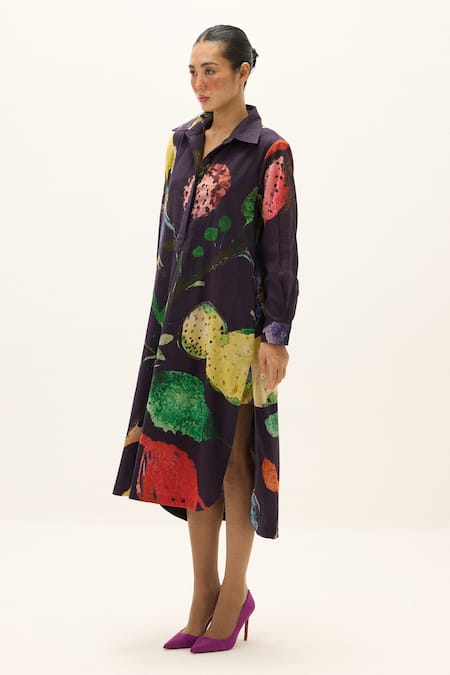 Buy_Kharakapas_Purple Cotton Collared Plateau Printed Shirt Dress _Online_at_Aza_Fashions