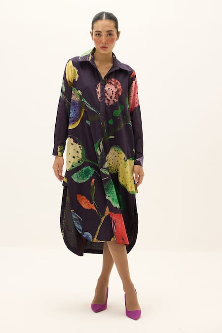 Shop_Kharakapas_Purple Cotton Collared Plateau Printed Shirt Dress _Online_at_Aza_Fashions