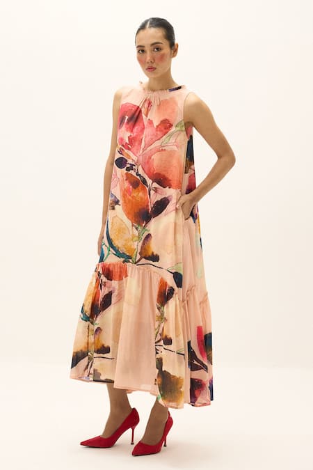 Kharakapas_Pink Cotton Round Neck Tea Rose Print Dress _Online_at_Aza_Fashions