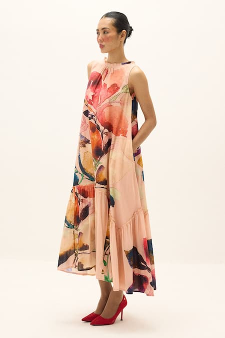Buy_Kharakapas_Pink Cotton Round Neck Tea Rose Print Dress _Online_at_Aza_Fashions