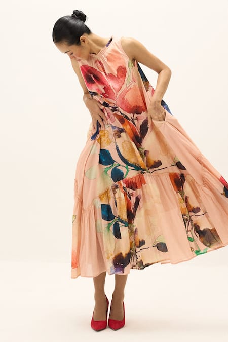 Shop_Kharakapas_Pink Cotton Round Neck Tea Rose Print Dress _Online_at_Aza_Fashions