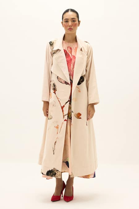 Kharakapas_Off White Corduroy, Cotton Clay Echo Trench Coat _Online_at_Aza_Fashions