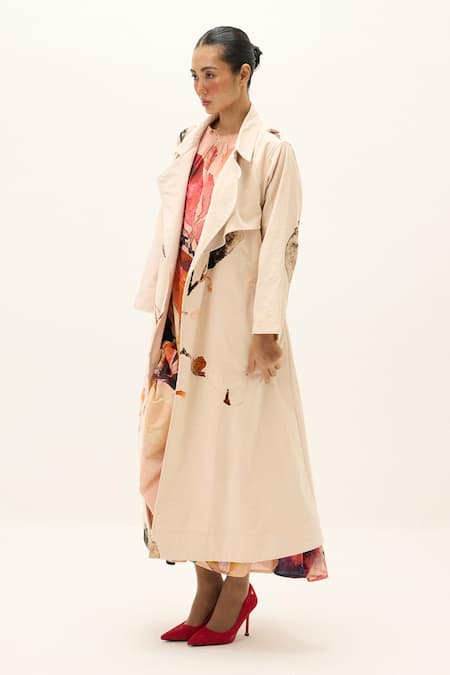 Buy_Kharakapas_Off White Corduroy, Cotton Clay Echo Trench Coat _Online_at_Aza_Fashions