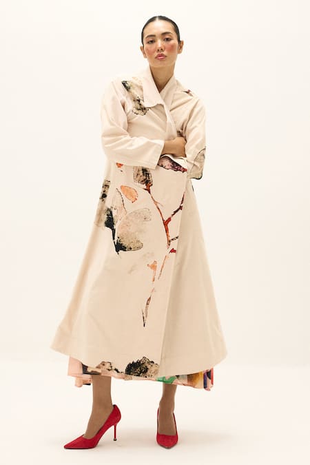 Shop_Kharakapas_Off White Corduroy, Cotton Clay Echo Trench Coat _Online_at_Aza_Fashions