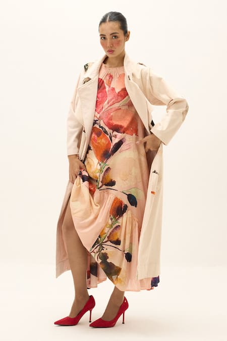 Kharakapas_Off White Corduroy, Cotton Clay Echo Trench Coat _at_Aza_Fashions