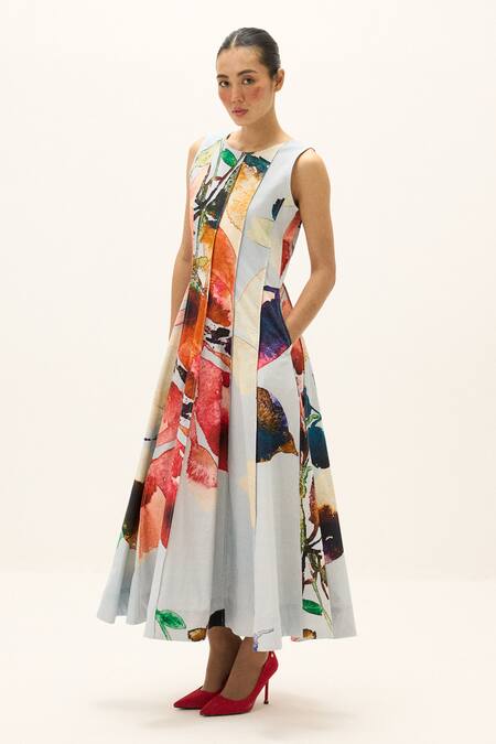 Buy_Kharakapas_Blue Cotton Round , Keyhole Valley Dress _Online_at_Aza_Fashions