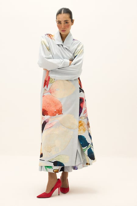 Kharakapas_Blue Cotton Pastel Aura Trench Coat _Online_at_Aza_Fashions