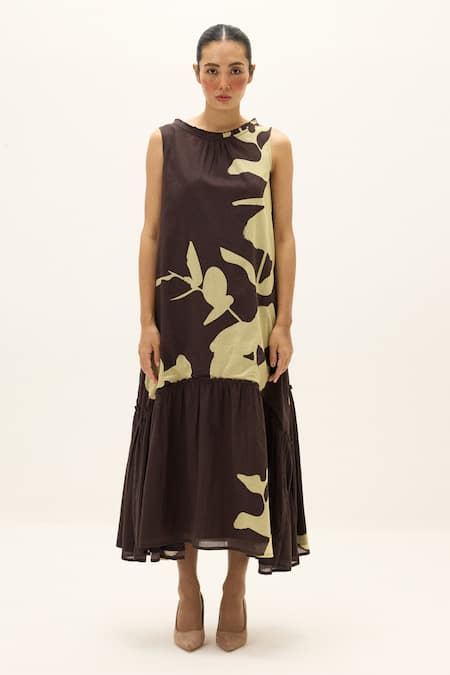 Kharakapas_Brown Cotton Round Neck Bison Printed Dress _Online_at_Aza_Fashions