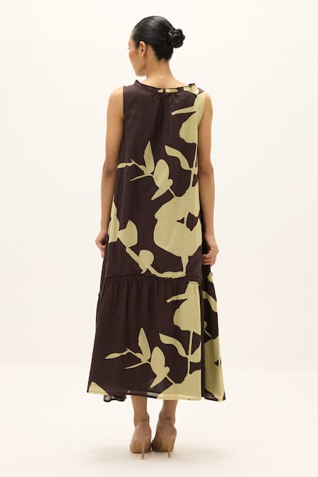 Buy_Kharakapas_Brown Cotton Round Neck Bison Printed Dress _Online_at_Aza_Fashions