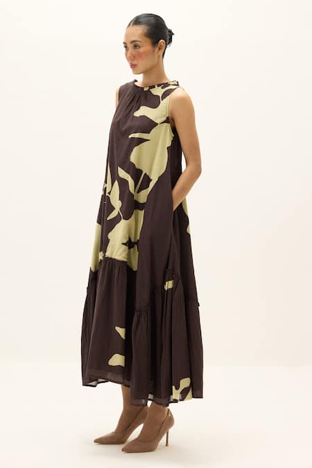 Shop_Kharakapas_Brown Cotton Round Neck Bison Printed Dress _Online_at_Aza_Fashions