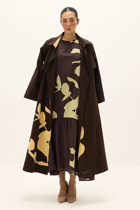 Buy_Kharakapas_Brown Cotton Sepia Trench Coat _Online_at_Aza_Fashions