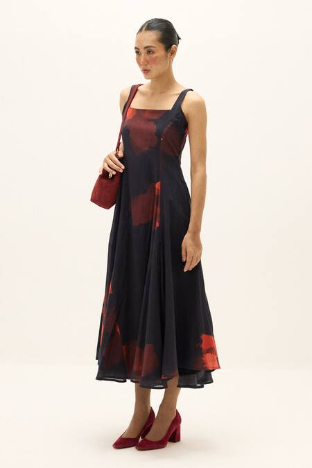 Kharakapas_Black Cotton Square Neck Isabel Printed Dress _Online_at_Aza_Fashions