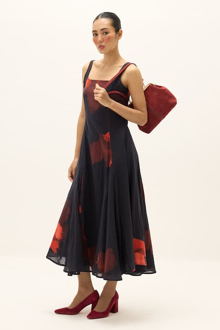 Buy_Kharakapas_Black Cotton Square Neck Isabel Printed Dress _Online_at_Aza_Fashions