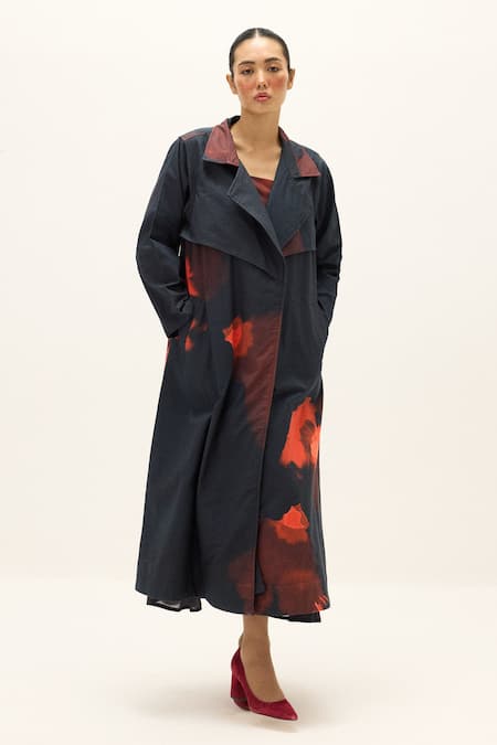 Kharakapas_Black Oxford Rouge Cotton Trench Coat _Online_at_Aza_Fashions