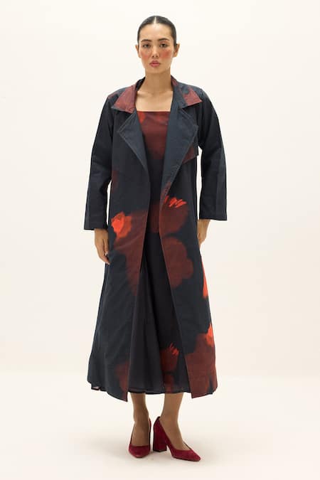 Buy_Kharakapas_Black Oxford Rouge Cotton Trench Coat _Online_at_Aza_Fashions