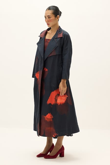 Shop_Kharakapas_Black Oxford Rouge Cotton Trench Coat _Online_at_Aza_Fashions