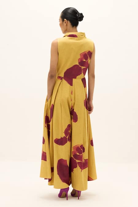 Buy_Kharakapas_Mustard Cotton Collared, V-, Notched Como Printed Jumpsuit _Online_at_Aza_Fashions
