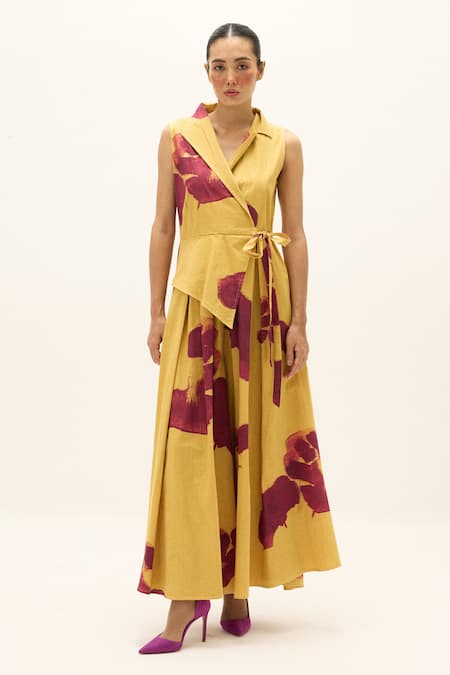 Shop_Kharakapas_Mustard Cotton Collared, V-, Notched Como Printed Jumpsuit _Online_at_Aza_Fashions