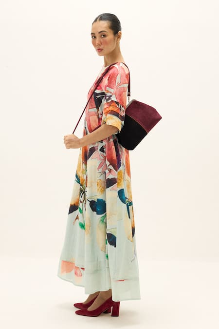 Kharakapas_Blue Cotton Round Neck Valencia Floral Print Dress _Online_at_Aza_Fashions