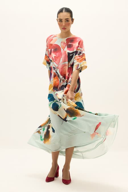 Buy_Kharakapas_Blue Cotton Round Neck Valencia Floral Print Dress _Online_at_Aza_Fashions