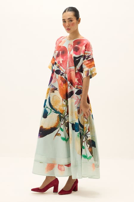 Shop_Kharakapas_Blue Cotton Round Neck Valencia Floral Print Dress _Online_at_Aza_Fashions