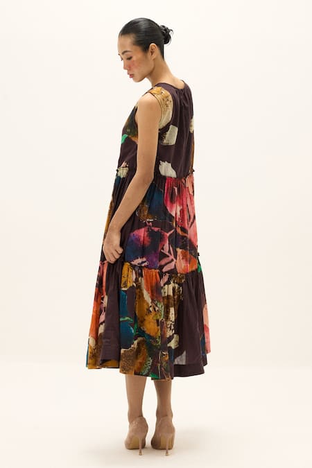 Kharakapas_Brown Cotton Round Neck Pinecone Printed Dress _Online_at_Aza_Fashions