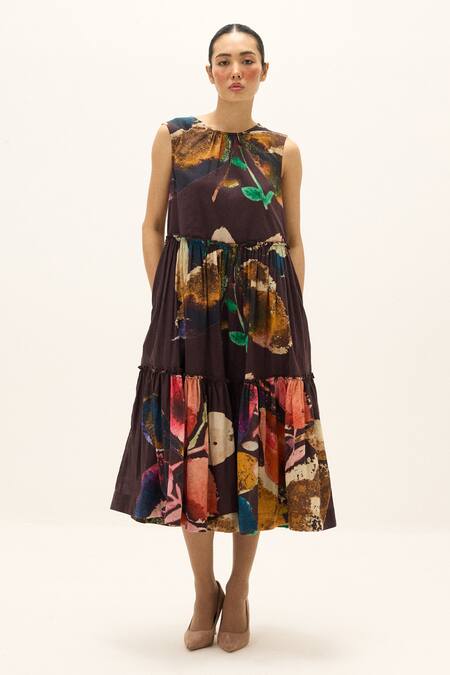 Buy_Kharakapas_Brown Cotton Round Neck Pinecone Printed Dress _Online_at_Aza_Fashions