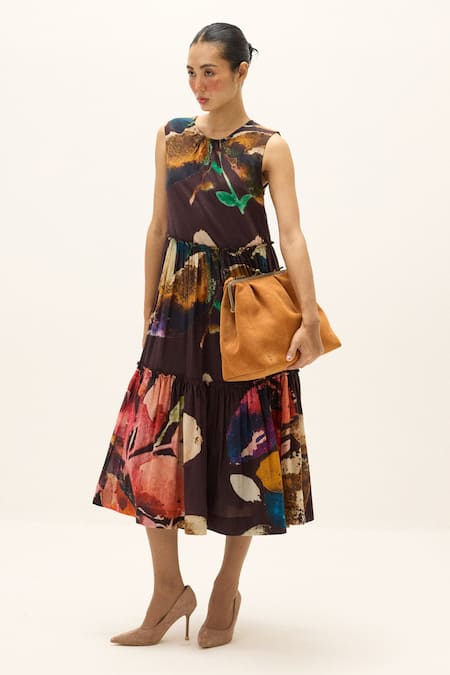 Shop_Kharakapas_Brown Cotton Round Neck Pinecone Printed Dress _Online_at_Aza_Fashions