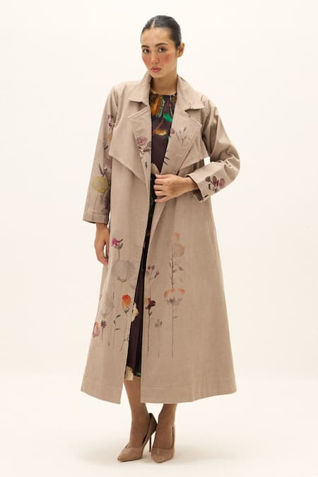 Shop_Kharakapas_Taupe Cotton Trench Coat _Online_at_Aza_Fashions