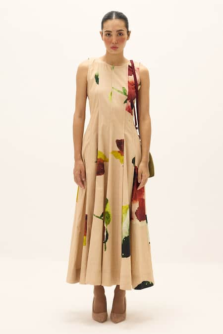 Kharakapas_Peach Cotton, Poplin Round Neck Melba Printed Dress _Online_at_Aza_Fashions