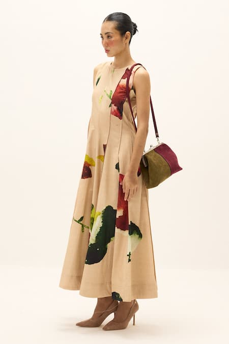 Buy_Kharakapas_Peach Cotton, Poplin Round Neck Melba Printed Dress _Online_at_Aza_Fashions