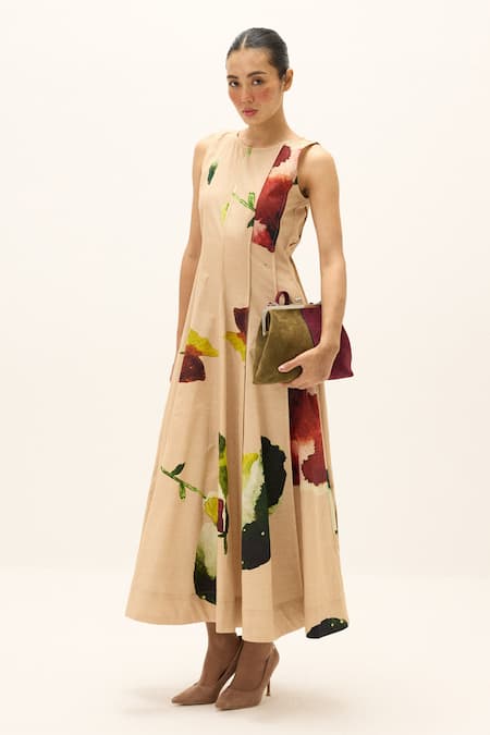 Shop_Kharakapas_Peach Cotton, Poplin Round Neck Melba Printed Dress _Online_at_Aza_Fashions