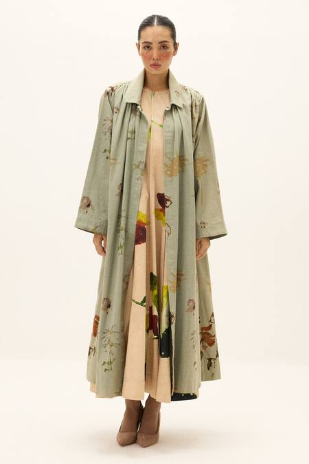 Kharakapas_Green Cotton Chateau Trench Coat _Online_at_Aza_Fashions