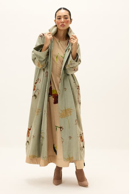 Buy_Kharakapas_Green Cotton Chateau Trench Coat _Online_at_Aza_Fashions