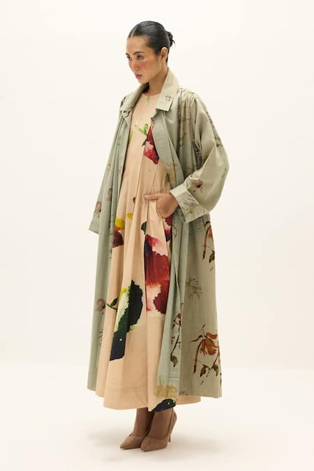 Shop_Kharakapas_Green Cotton Chateau Trench Coat _Online_at_Aza_Fashions