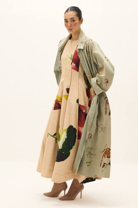 Kharakapas_Green Cotton Chateau Trench Coat _at_Aza_Fashions