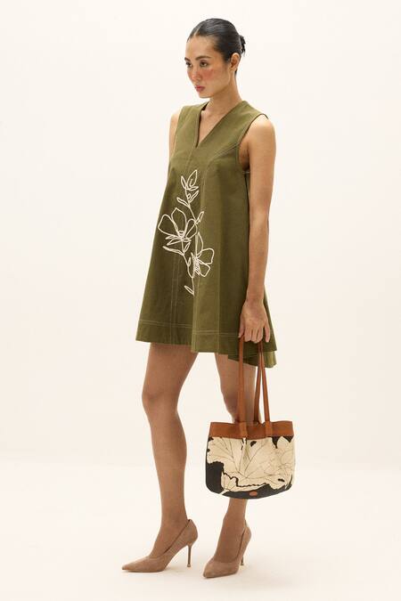 Kharakapas_Olive Green Cotton Embroidery V-neck Bayleaf Dress _Online_at_Aza_Fashions