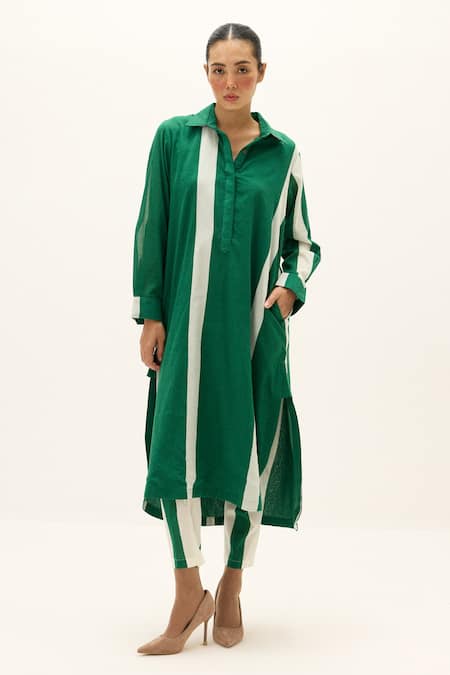 Kharakapas_Green Cotton Collared Stream Lines Print Kurta And Pant Set _at_Aza_Fashions